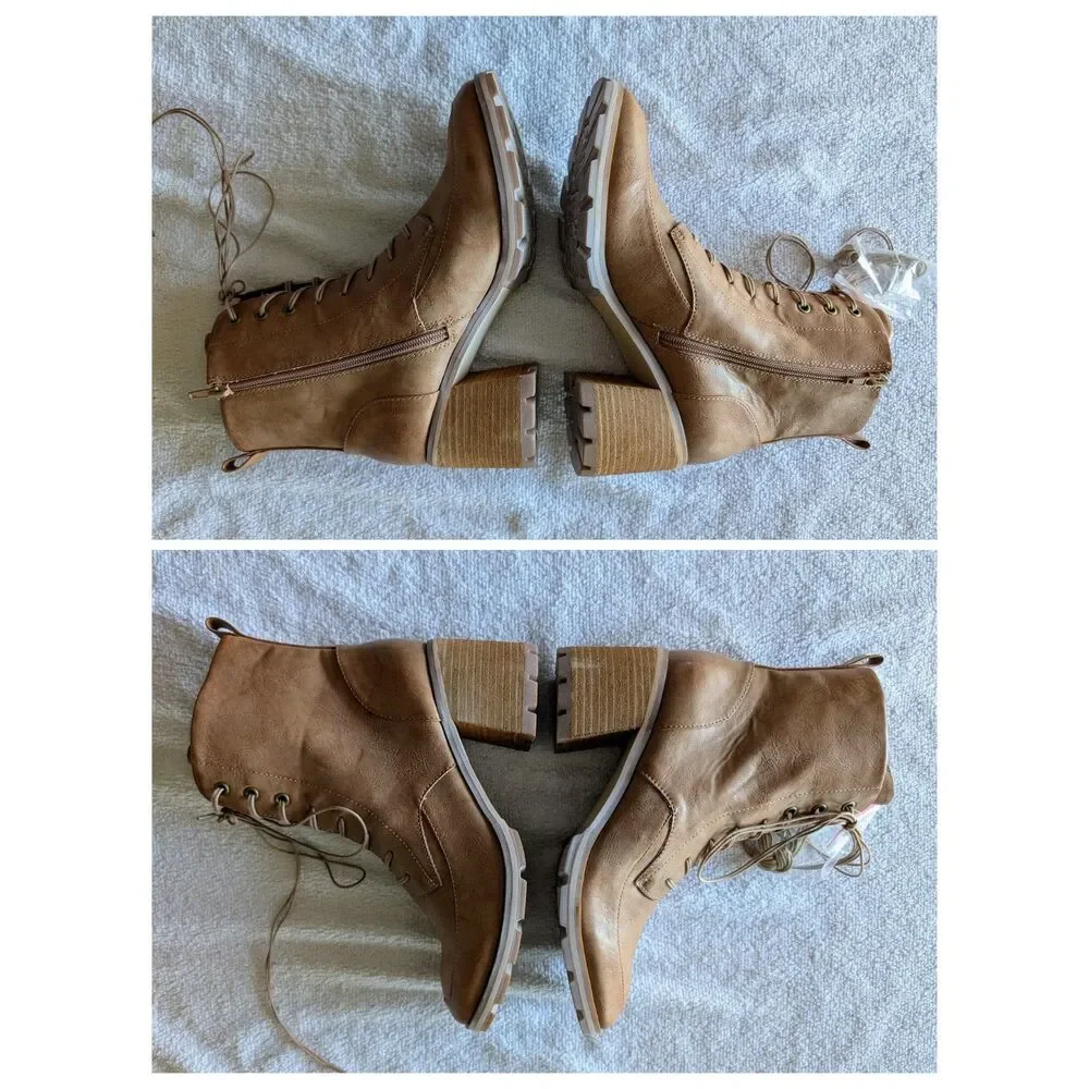 Korks Cambria Ankle Boots Brown Leather Lace Up Stacked Heel Lug Sole